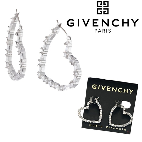 Givenchy Jewelry - GIVENCHY Silver Pave Baguette CZ Crystal Heart Shaped Hoop Hook Earrings